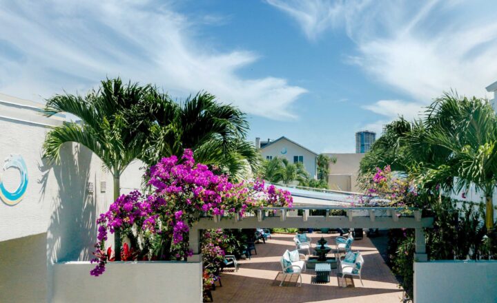Courtyard with seating, palms and flowering plants at Beachway in West Palm Beach