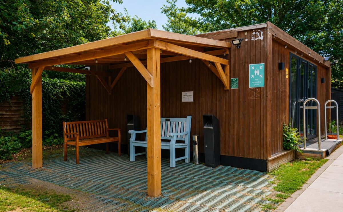 Garden therapy pod with seating and access ramp at Liberty House Clinic in Luton