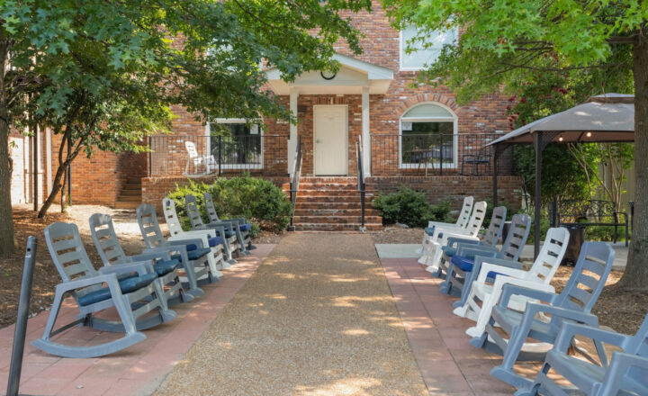 Outdoor courtyard and residence at Recovery Unplugged Nashville in Brentwood, Tennessee