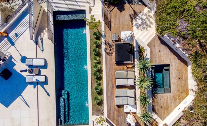Aerial view of the pool and terrace at Rise in Malibu’s Sea Vista Estates
