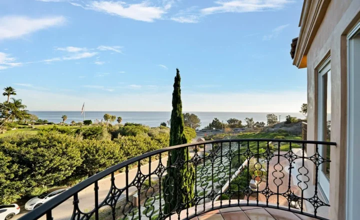 Balcony overlooking the grounds and Pacific Ocean at Seasons in Malibu