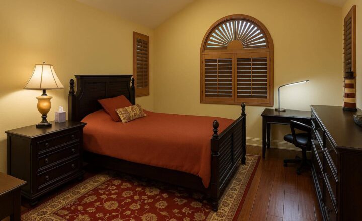Private bedroom with desk and wood shutters at Serenity Malibu