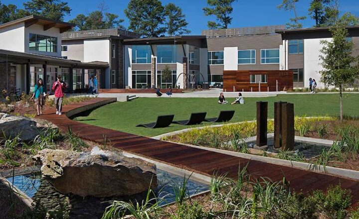 Landscaped courtyard path at Skyland Trail Rollins Campus in Atlanta