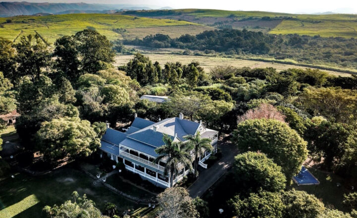 Aerial view of The Cedars South Coast Estate farmhouse and grounds near Dududu