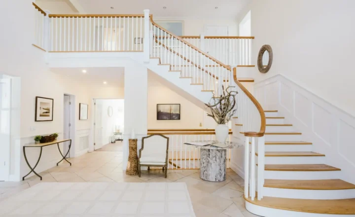 Bright staircase and foyer inside The Dunes residential estate in Southampton