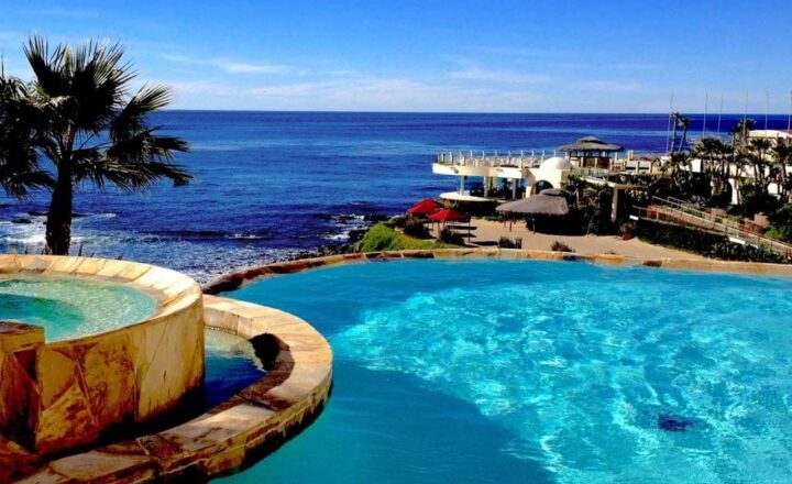 Entrance and swimming pool at The Holistic Sanctuary residential facility in Rosarito