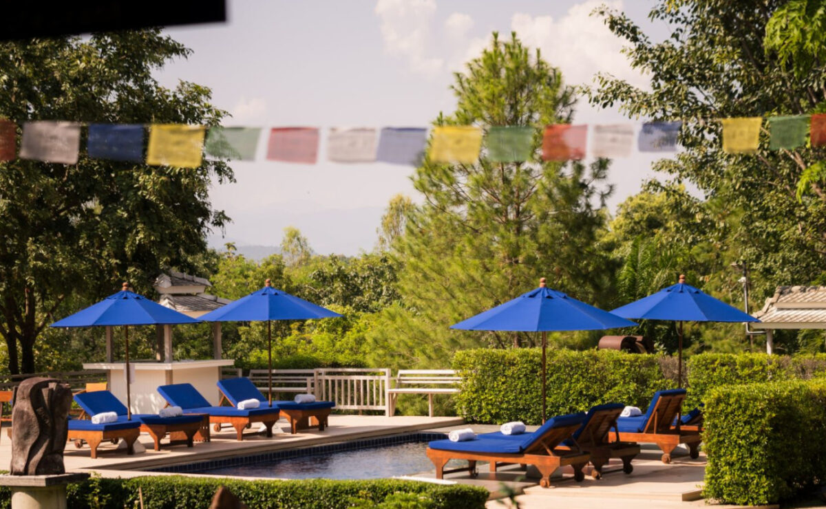 Pool terrace with blue loungers and umbrellas at The Beekeeper House in Chiang Mai