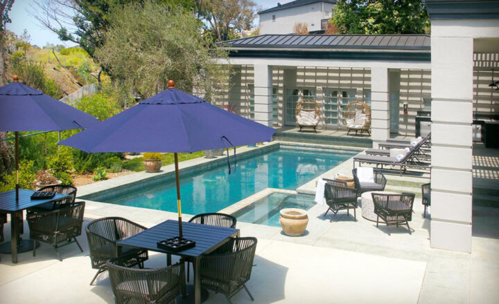 Pool and shaded terrace at Cliffside Malibu