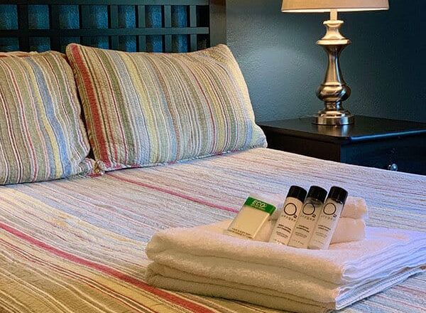 Bed and toiletries in a private bedroom at CooperRiis Asheville
