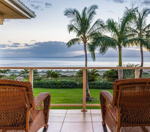 Covered lanai seating at Maui Recovery with an ocean-facing view