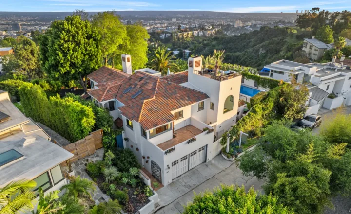 Aerial view of Bliss Recovery Spanish Villa in the Hollywood Hills