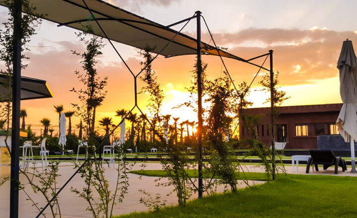Landscaped garden and outdoor treatment campus at Olive Hill Clinique near Marrakech